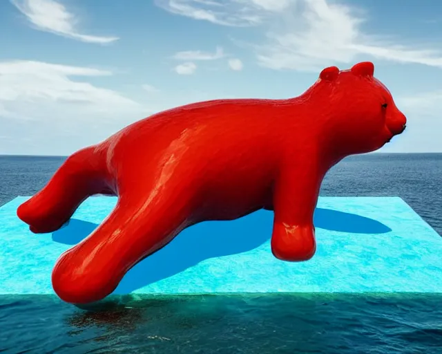 Image similar to a giant sculpture of a giant gummy bear on the ocean water, award winning, hyper - realistic, very detailed, realistic water, water splashes, ray tracing, 8 k resolution, long - shot, sharp focus, low angle, 8 5 mm photograph, wide lens