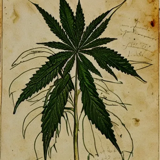 Prompt: botanical drawing of a cannabis plant. pen, ink and watercolor, fine details, by leonardo da vinci