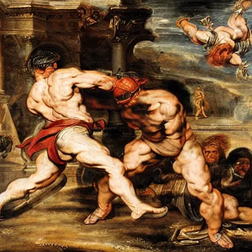 Image similar to a realistic painting of two gladiators fighting each other inside the colosseum, hot weather, brutal fight, extreme detail, action pose Peter Paul Rubens