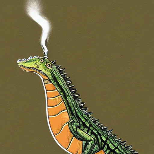 Prompt: a crocodile wearing smoking a cigar