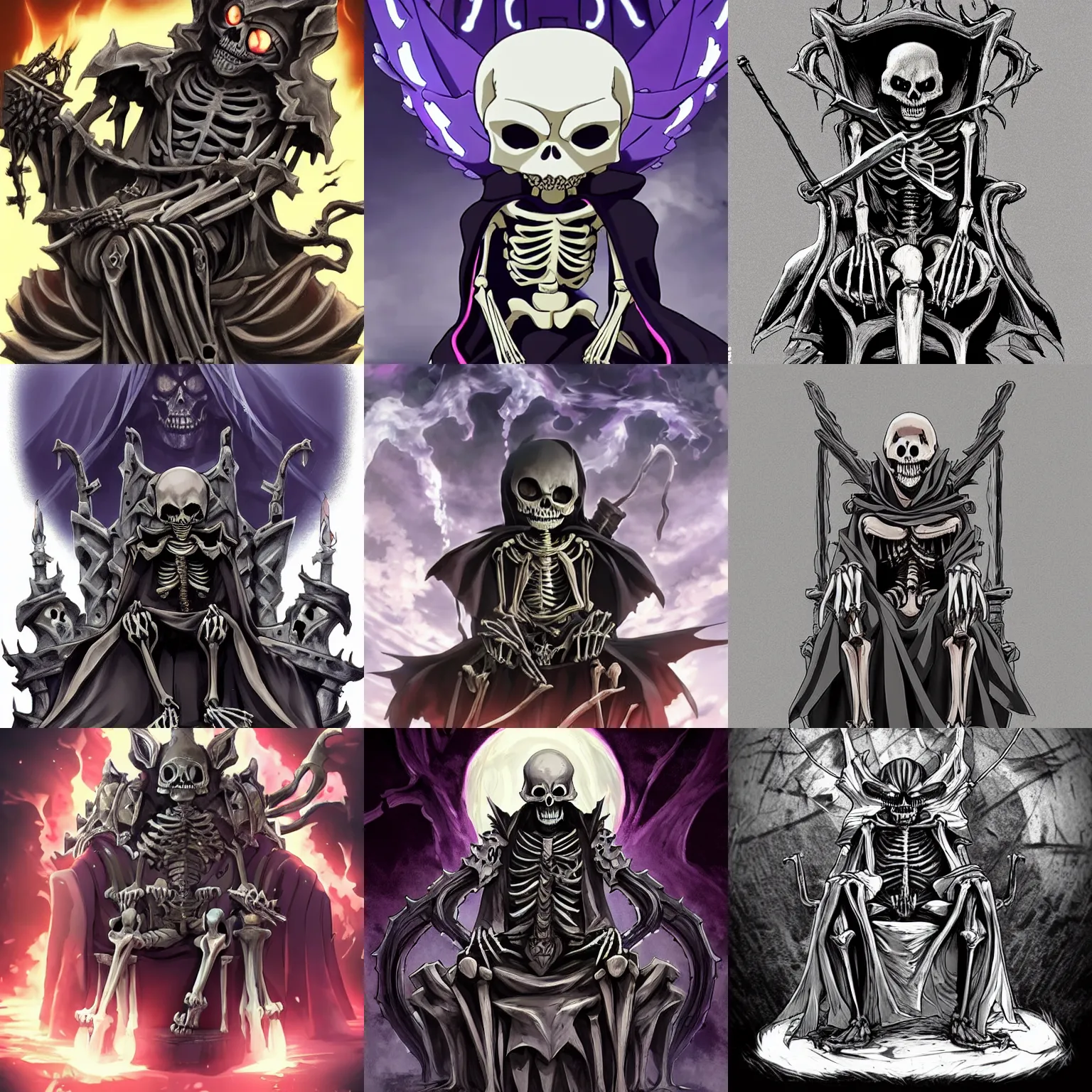 Prompt: an incredibly detailed and menacing skeleton overlord wearing a dark legendary robe, sitting on a throne with glowing eyes in the style of the anime overlord, style of konosuba, style of made in abyss