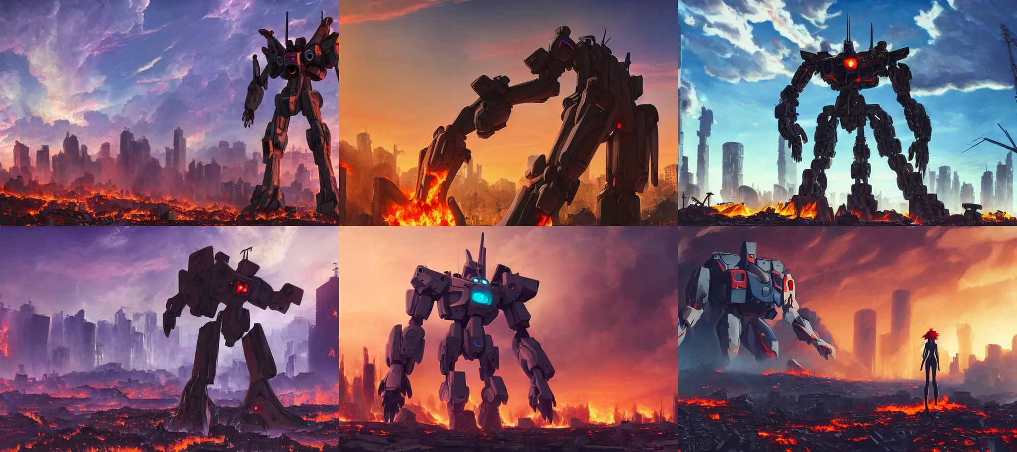 Prompt: landscape shot of a giant mech EVA standing in the ruins of a burning city at a distance, neon genesis evangeline, photorealistic highly detailed acrylic matte painting wide angle