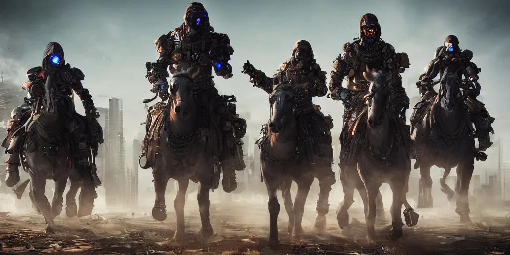 Prompt: highly detailed render of cyberpunk horsemen of the apocalypse, hyperrealistic, 8 k