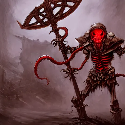 Image similar to concept art of skeleton holding a medieval shield and spear, d & d surrounded by red evil death tentacles, hyper detailed, hyper realistic, dark atmosphere, full body, full frame in the style of frank frazetta