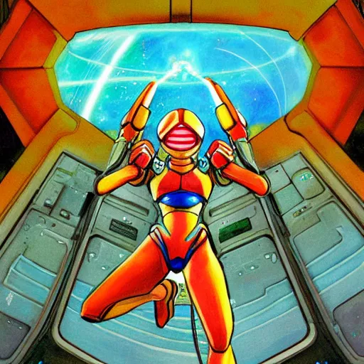 Prompt: a beautiful painting of samus from metroid charging her energy cannon arm inside a hyper advanced space habitat by moebius