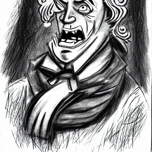 Image similar to a Pop Wonder scary horror themed goofy-hilarious-character Beethoven-wearing a scarf, dime-store-comic drawn with charcoal and pen and ink, half-tone-line-stacking