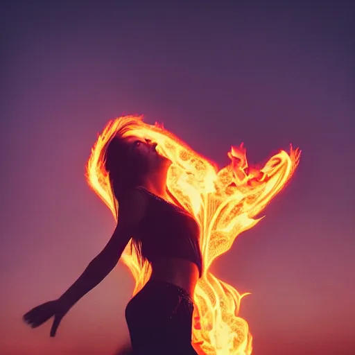 Image similar to realistic cinematic photo of phoenix girl in flames flying in the sky