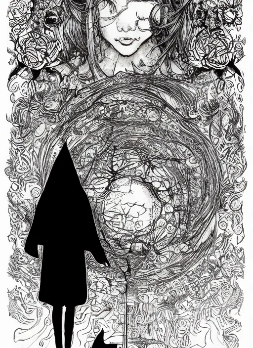 Image similar to golden elements at borders, side portrait , A young witch and a crow in front of the full big moon, creative book cover, winner of design award, red roses, red white black colors, establishing shot, extremly high detail, foto realistic, cinematic lighting, pen and ink, intricate line drawings, by Yoshitaka Amano, Ruan Jia, Kentaro Miura, Artgerm, post processed, concept art, artstation, matte painting, style by eddie, raphael lacoste, alex ross