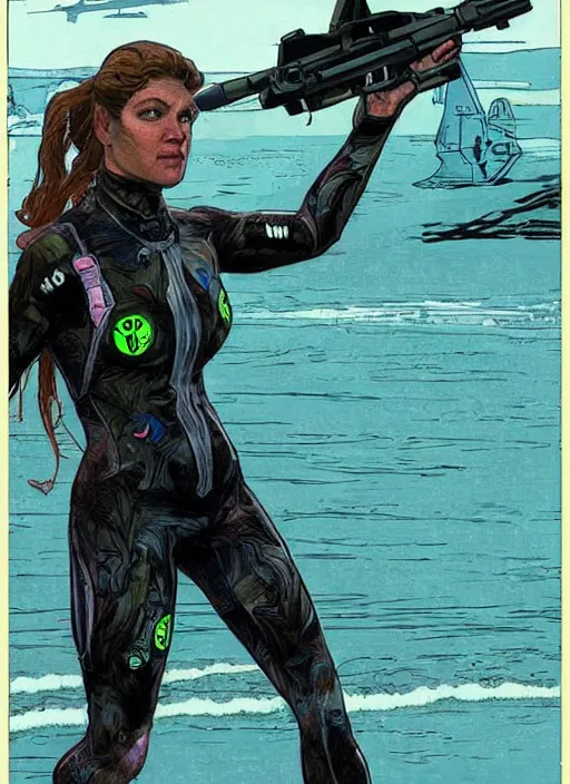 Image similar to Sonya. USN blackops operator emerging from water at the shoreline. Agent wearing Futuristic wetsuit and looking at an abandoned shipyard. rb6s, MGS, and splinter cell Concept art by James Gurney, Alphonso Mucha. Vivid color scheme.