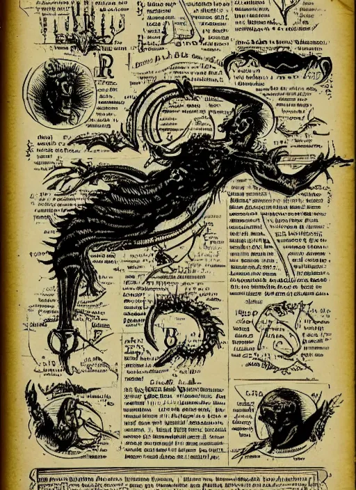 Prompt: a full page scan of detailed vintage illustrated instructions on how to decapitate a demon, handwritten, spells, intricate writing, satanic, evil, grimoire page, necronomicon style