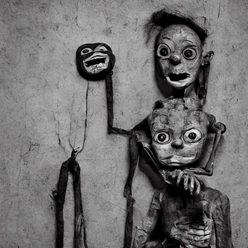 Image similar to creepy ventriloquist dummy in the style of roger ballen, 4 k, bw, portrait