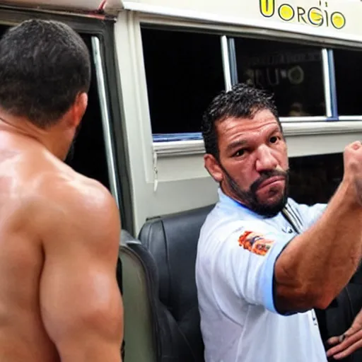 Image similar to antonio rodrigo nogueira holds a single carrot, and antonio rogerio nogueira has his hand on the bus behind them ; photo