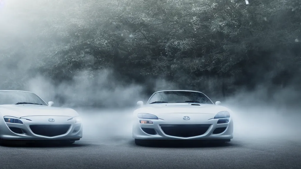 Image similar to a mazda rx - 7 with pop up headlights, cinematic, long exposure, white balance, 8 k, led, lumen global illumination, fog, ray tracing reflections