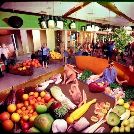 Image similar to a photo of a nightclub. fat men in swimsuits and giant fruit and vegetables all over the floor.