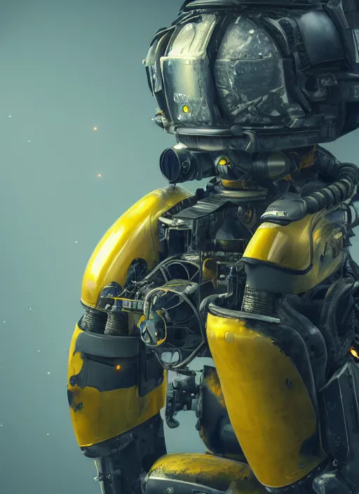 Image similar to a photorealistic dramatic hyperrealistic render of a exosuit deep sea submersible, ultra realistic details, glossy yellow, well worn, rust, oil stains by vitaly bulgarov and mike nash, beautiful dramatic dark moody tones and lighting, cinematic atmosphere, studio lighting, global illumination, shadows, dark background, octane render, 8 k