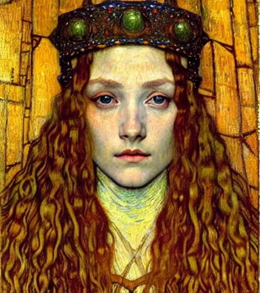 Image similar to detailed realistic beautiful young medieval queen face portrait by jean delville, gustav klimt and vincent van gogh, art nouveau, symbolist, visionary, gothic, pre - raphaelite, muted earthy colors, desaturated