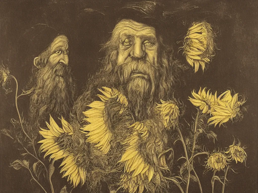 Image similar to Old long bearded man with sunflower in a dark room. Painting by Lucas Cranach, Roger Ballen