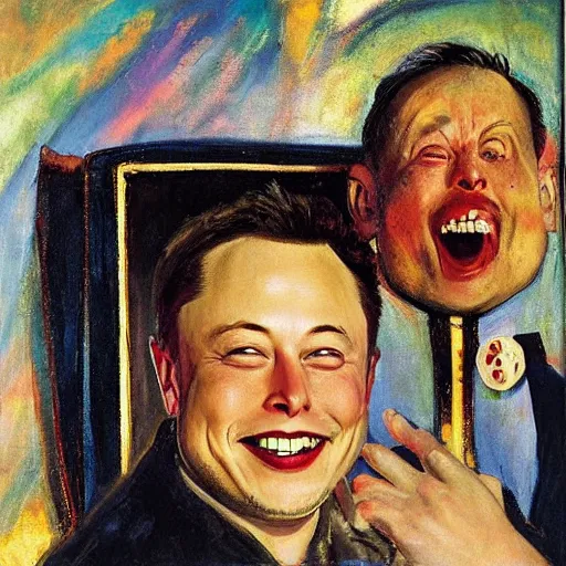 Prompt: “a deliriously happy king elon musk, portrait oil painting by Otto Dix, oil on canvas (1921)”