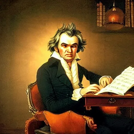 Image similar to beethoven's last days alive, he is sitting on his 1800s bed and writing a piece on a sheet of paper, sun flare.