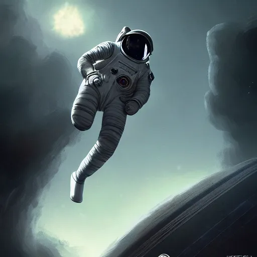 Image similar to astronaut falling through the clouds in jupiter, by cedric peyravernay, highly detailed, excellent composition, cinematic concept art, dramatic lighting, trending on artstation