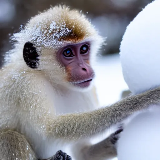 Prompt: tiny fluffy monkey with a snowball