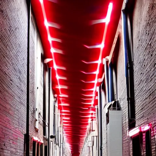 Prompt: red fluorescent tubes suspended above a city alleyway, beautiful lighting installation inspired by lumiere, night time!!!!!! photography, dramatic lighting