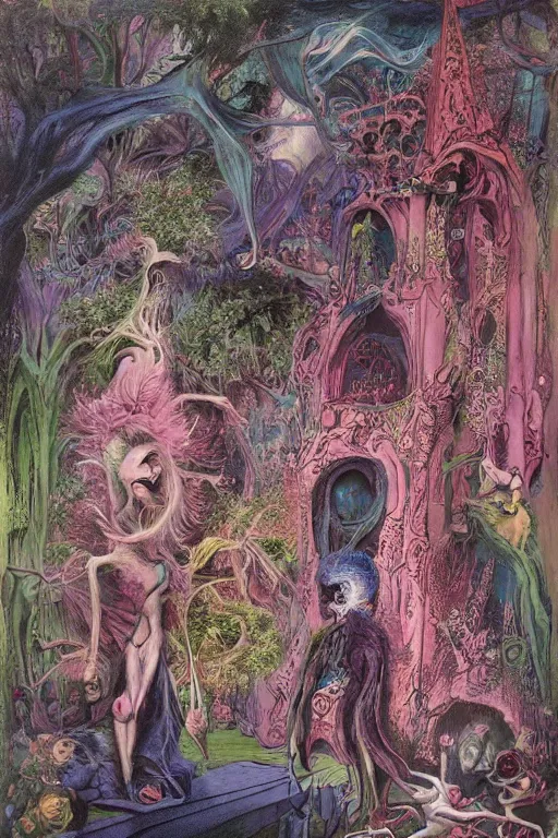 Prompt: eventually even those who avoided the world were drawn into its madness. gothic, rich deep pink, blue and green colours, creepy, mystical, highly detailed and intricate, painted by francis bacon, and daniel merriam. 8 k masterpiece