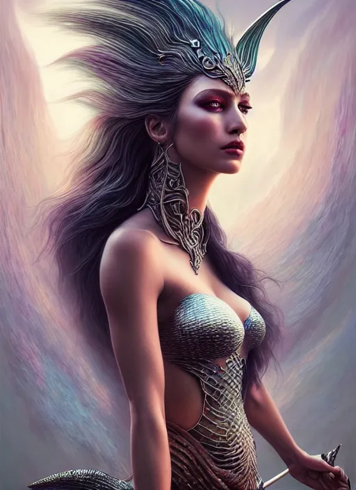 Image similar to portrait of mermaid warrior, intricate, sharp focus, octane render, detailed, beautiful, unreal engine, symmetrical!!, loreal, maybelline, sephora, loreal, artstation, art by karol bak, art by artgerm, rossdraws, makeup by pat mcgrath, cinematic, concept art, filmic, vsco