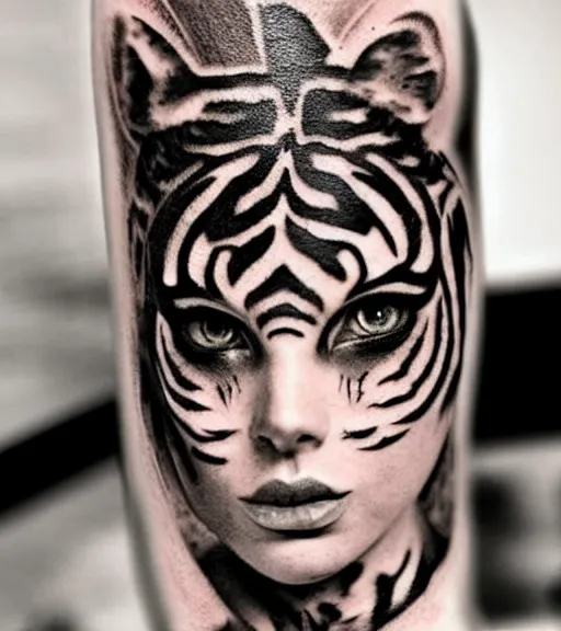 Image similar to tattoo design of a beautiful girl warrior under a tiger head, hyper realistic, realism tattoo, by eliot kohek, beautiful eyes, realistic face, black and white, white background