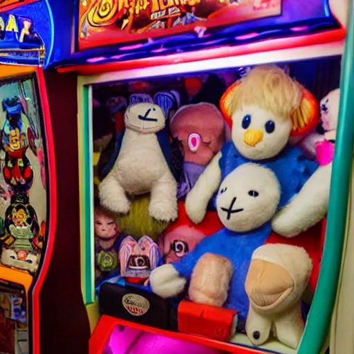 Prompt: an arcade claw machine filled with plush toys that look like boris johnson,