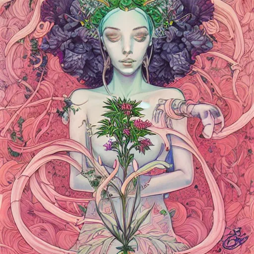 Prompt: goddess of plant medicine art by james jean, and art by loish highly detailed painting trending on arstation vivid colors cannabis