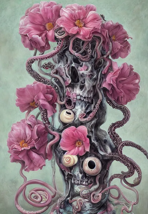 Image similar to a biomorphic painting of a vase with flowers with eyeballs and tentacles, surrealist painting by marco mazzoni, by dorothea tanning, pastel blues and pinks, melting, plastic, skull, featured on artstation, metaphysical painting, oil on canvas, fluid acrylic pour art, airbrush art, seapunk, rococo, lovecraftian