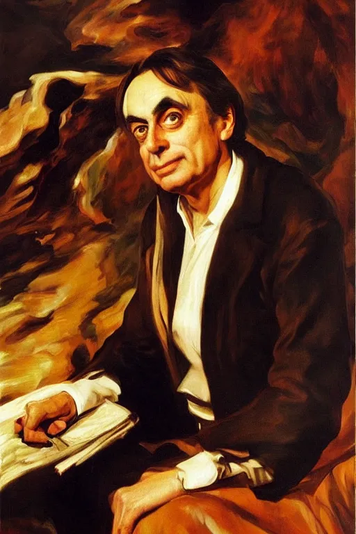 Image similar to Carl Sagan expressive oil on canvas, golden hour, artstation, by J. C. Leyendecker and Peter Paul Rubens,