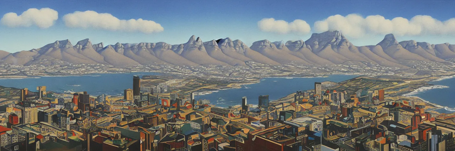 Prompt: cape town cityscape oil painting magritte