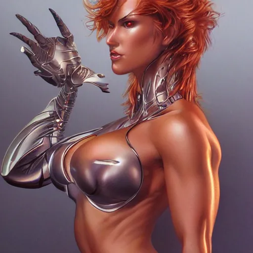 Image similar to Portrait of Witchblade, intricate upper body, whole body, highly detailed, digital painting, artstation, concept art, smooth, sharp focus, illustration, art by Hajime Sorayama