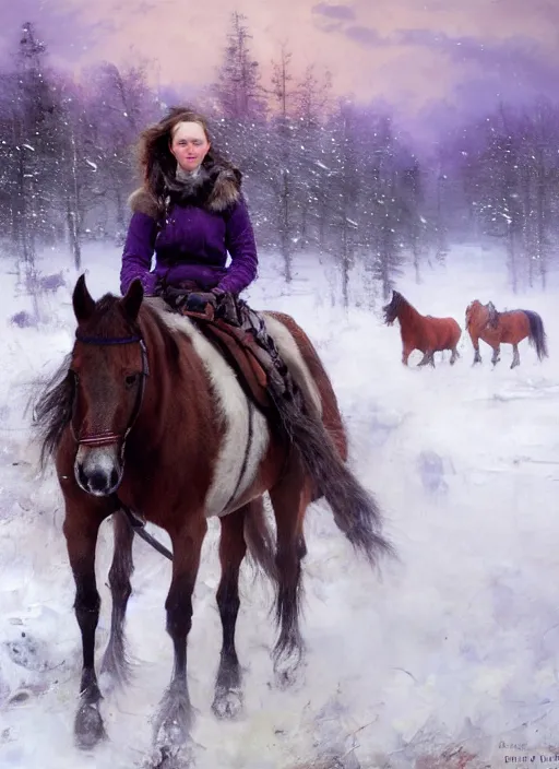 Prompt: portrait of a nordic girl with violet eyes and her horse in a snowy tundra. by Daniel F. Gerhartz, hyperrealistic oil painting, 4k, very detailed faces, studio lightning