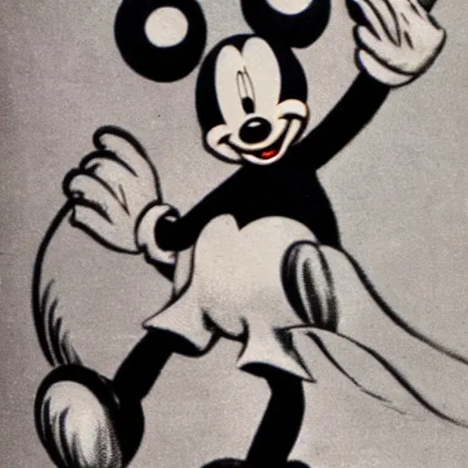 Image similar to vintage 1 9 3 0 s mickey mouse biting a bloody fish