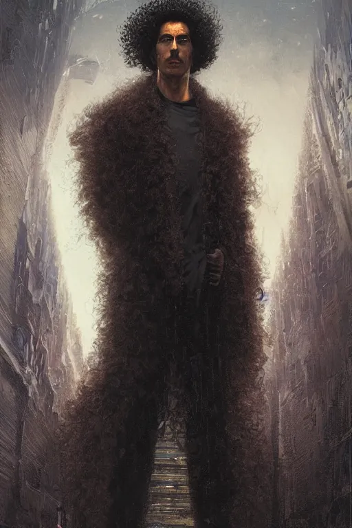 Image similar to a curly - haired persian guy neuromancer by david a hardy, noriyoshi ohrai, gary ruddell, ( greg rutkowski ), salvador dali, moebius, makoto shinkai, highly detailed, cinematic composition, trending on artstation