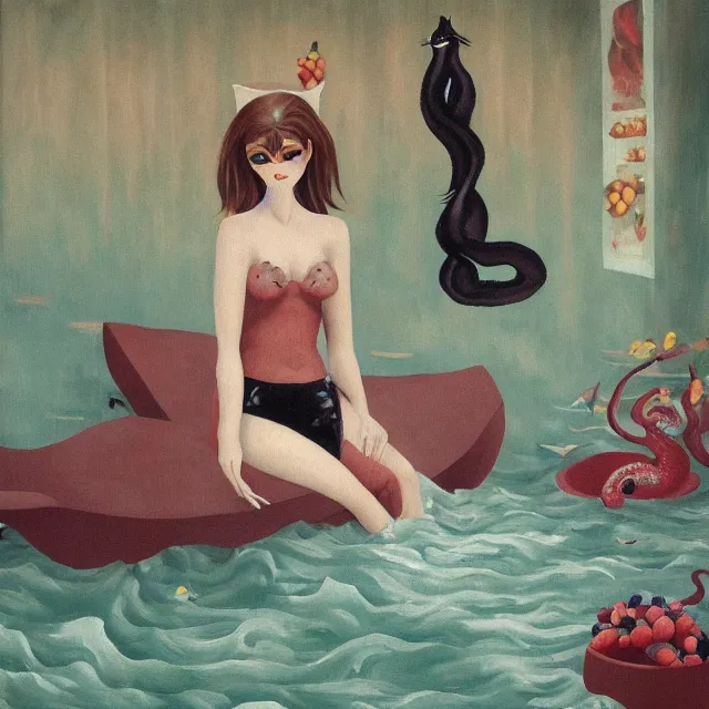 Image similar to tall female catgirl artist holding berry pancakes in her flooded apartment, pomegranates, octopus, water gushing from ceiling, painting of flood waters inside an artist's apartment, a river flooding indoors, mushrooms, ikebana, zen, rapids, waterfall, black swans, canoe, berries, acrylic on canvas, surrealist, by magritte and monet