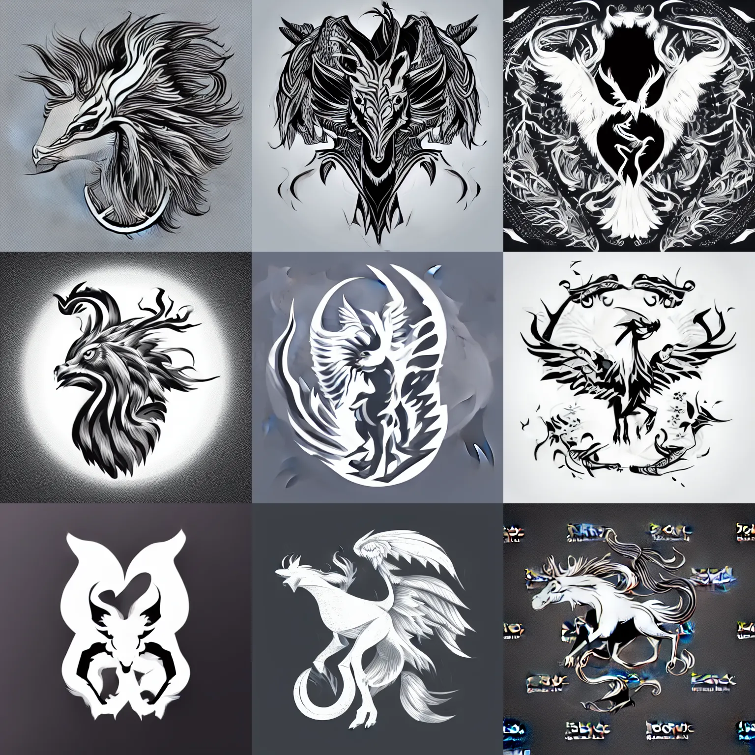 Prompt: a mythical creature, griffin-like style, 2d solid shape logo, clean and neat, black and white color only, vector art, less detailing, silhouette