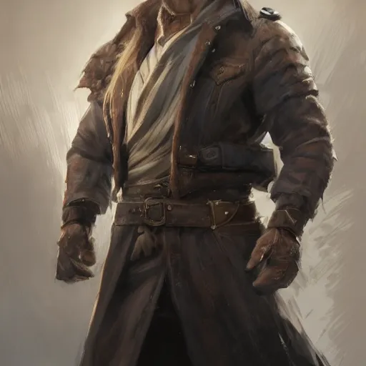 Image similar to portrait of a muscular, grim, ponytail haired blonde man in his late 30's, wearing a thick brown leather coat, looking to his side, hunter, DnD character, fantasy character, digital art by Ruan Jia, Krenz Cushart, Rossdraws and Boris Vallejo