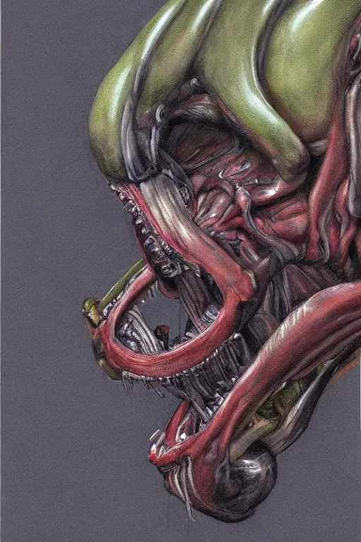 Prompt: a realistic color drawing of an angry xenomorph, portrait, rembrandt