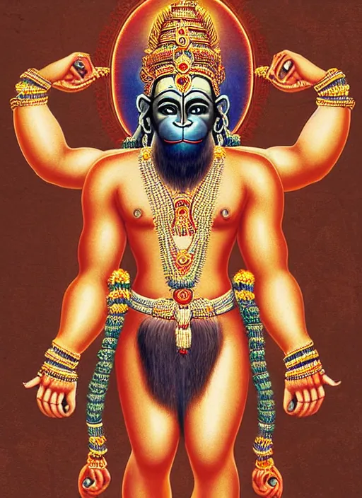 Image similar to a full body portrait of beautiful ornated hanuman!!!! god with flowing medium hair, soft facial features, kind appearence, digital art by krishen khanna and madhvi parekh, symmetrical body, artgerm, portrait, muted color scheme, highly detailed, outrun art style