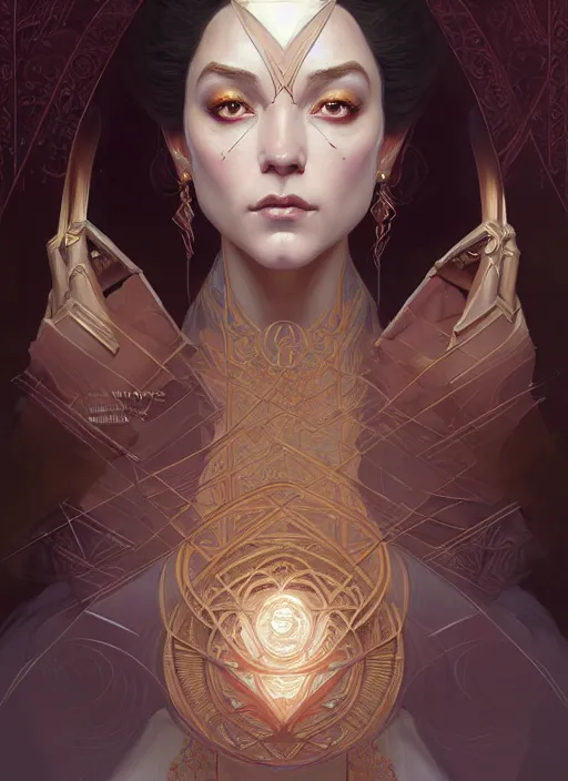 Image similar to symmetry!! portrait of a female sorcerer, dar fantasy, intricate, elegant, highly detailed, my rendition, digital painting, artstation, concept art, smooth, sharp focus, illustration, art by artgerm and greg rutkowski and alphonse mucha and huang guangjian and android jones and sachin teng