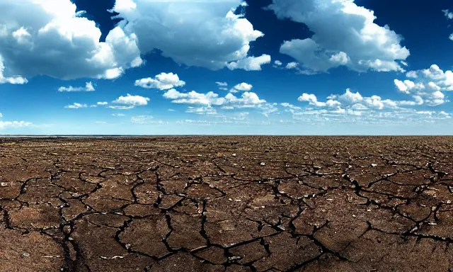 Image similar to panorama of big raindrops flying upwards into the perfect cloudless blue sky from a dried up river in a desolate land, dead trees, blue sky, hot and sunny highly-detailed, elegant, dramatic lighting, artstation, 4k, cinematic landscape, photograph by National Geographic