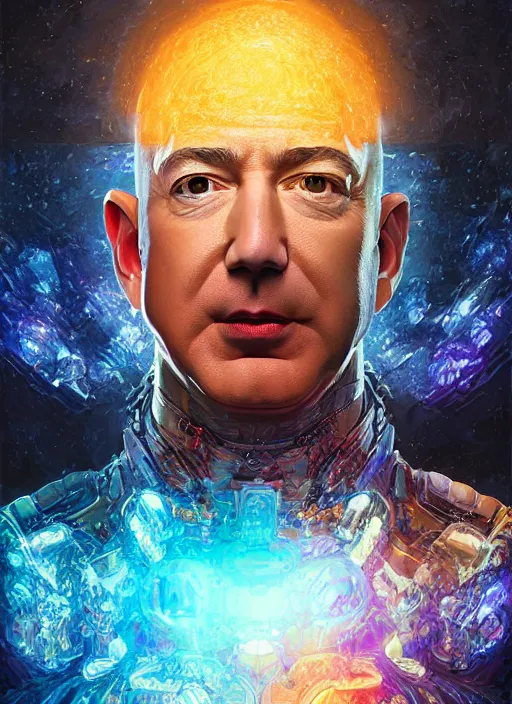 Prompt: jeff bezos collecting the infinity stones, au naturel, hyper detailed, digital art, trending in artstation, cinematic lighting, studio quality, smooth render, unreal engine 5 rendered, octane rendered, art style by klimt and nixeu and ian sprigger and wlop and krenz cushart.