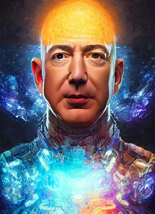 Image similar to jeff bezos collecting the infinity stones, au naturel, hyper detailed, digital art, trending in artstation, cinematic lighting, studio quality, smooth render, unreal engine 5 rendered, octane rendered, art style by klimt and nixeu and ian sprigger and wlop and krenz cushart.