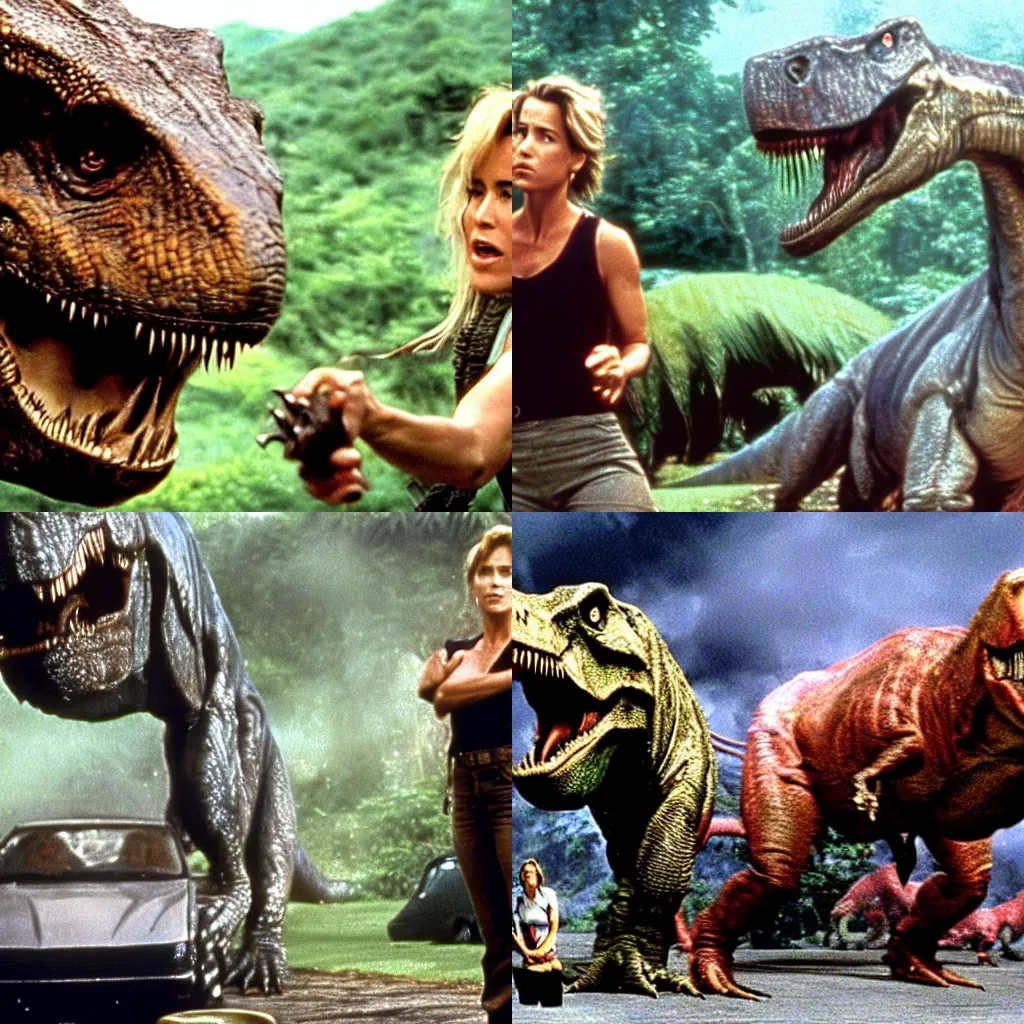 Prompt: scene from jurassic park featuring tea leoni and a tyrannosaurus rex