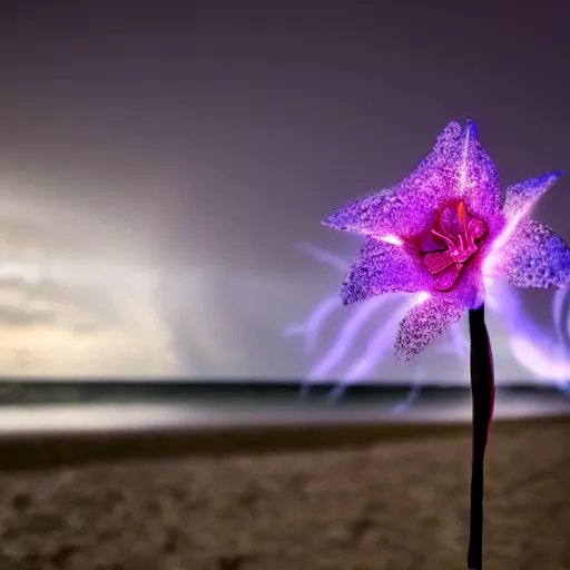 Image similar to a flower on the beach by the sea, dramatic lightning, cinematic lights, photo 1 5 mm,