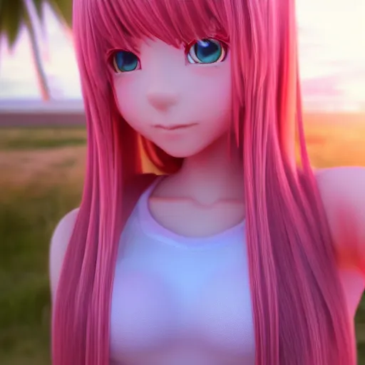 Image similar to Selfie render of a cute 3d anime girl, long pink hair, full bangs, hazel eyes, cute freckles, soft smile, golden hour, beach setting, medium shot, mid-shot, trending on Artstation,